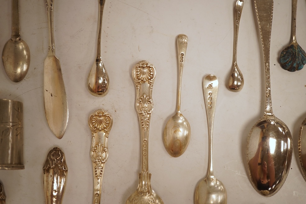 A small quantity of assorted mainly 19th century and later small flatware including teaspoons, coffee spoons and condiment spoons, various dates and makers, a Dutch? white metal spoon and a Victorian silver christening t